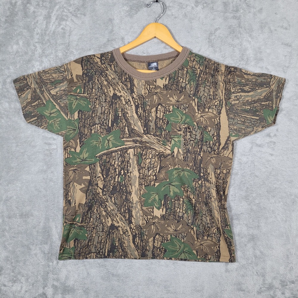 Ace Sportswear T-Shirt Mens L Brown Trebark Camo Pocket Tee Vintage Made in USA